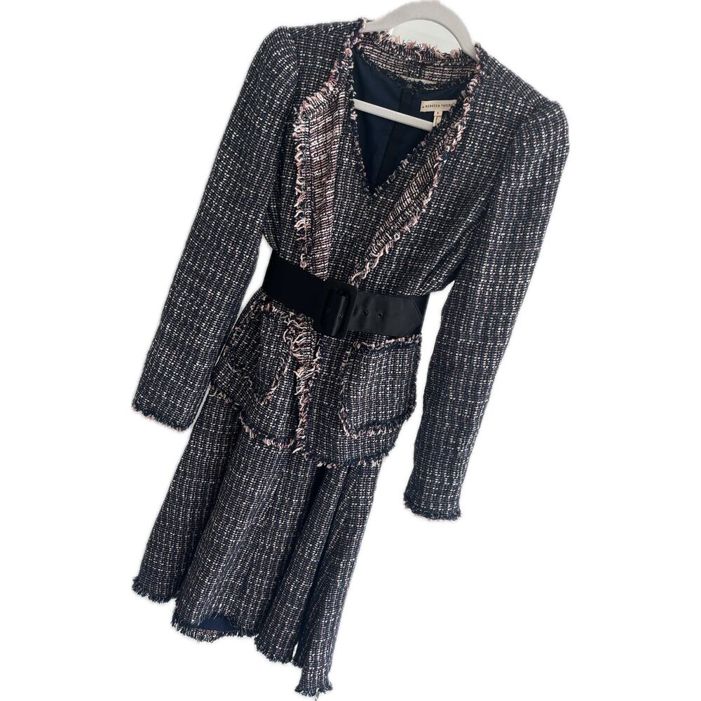 Women’s Black Tweed Jacket & Skirt Set with Fringed Trim